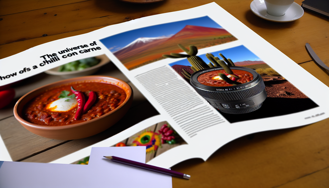 alt_text : Bol de chili con carne sur une table en bois, entouré de paysages emblématiques et garnitures.